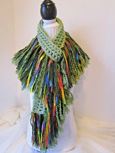 Crochet Scarf~FRINGE ~Greens & Black plus ribbon yarn - Picture 1 of 6