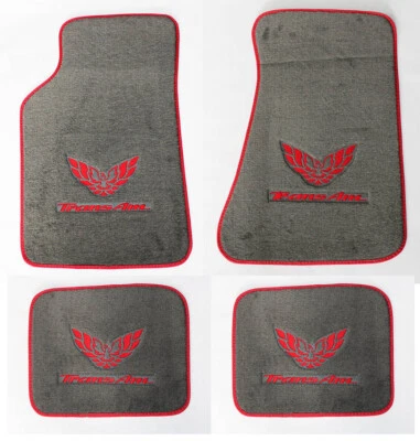 NEW! Carpet Floor Mats Gray 1982-2002 PONTIAC FIREBIRD Embroidered Logo in Red A - Image 1 of 4