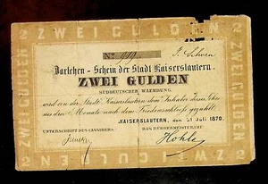 1879 pre German Empire KAISERSLAUTERN 2 GULDEN banknote - Picture 1 of 2