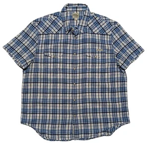 Lucky Brand Pearl Snap Western Shirt Mens Short Sleeve Blue White LinenEUC - Picture 1 of 3