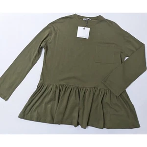Zara Green long sleeve peplum t-shirt with ruffle hem and front pocket Size S - Picture 1 of 8
