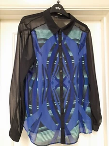 LOVELY GEORGE BLUE, NAVY, GREEN PATTERNED BLOUSE - Picture 1 of 7