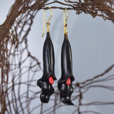 Pendientes Flor Cuerno Negro Coral Rojo, Rubí y Oro Vermeil Plata de Ley 8.65g Foto 1 de 4