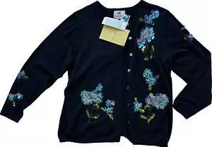 Quacker Factory Cardigan Black Sweater L Lilac Floral Embellished Holiday Party - Picture 1 of 12