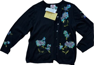 Quacker Factory Cardigan Black Sweater L  Lilac Floral Embellished Holiday Party - Image 1 of 4
