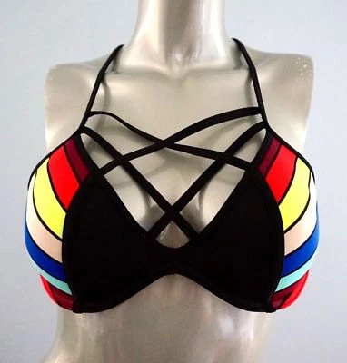 Top de Bikini ROSA Victoria's Secret Nuevo con Etiquetas Enjaulado con Tirantes Frontales Retro Rayas S (D-DD) Foto 1 de 2