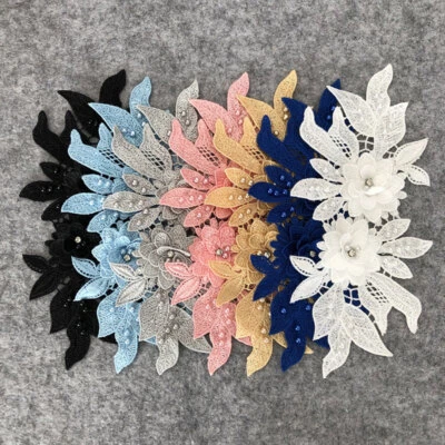 1 Pair Gorgeours Beaded Sequins Lace Applique Flower Patch Motif Costume Wedding - Image 1 of 4