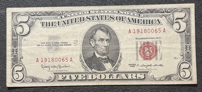 SERIES 1963 $5 UNITED STATES NOTE RED SEAL A19180065A CIRCULATED - Image 1 of 2