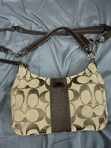 COACH WOMEN BAG SIGNATURE CROSSBODY STRIPE CONVERTIBLE HOBO (F19281) Khaki Brown - Picture 1 of 8
