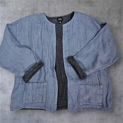 Eileen Fisher Womens Blue Linen Jacket Blazer Size Medium Irish Linen Reversible - Image 1 of 4
