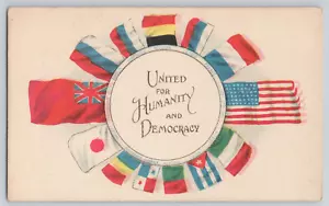 Cartolina antica WW1 bandiere alleate unite per l'umanità e la democrazia - Foto 1 di 2