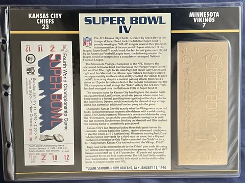 SUPER BOWL 4 Chiefs vs Vikings Willabee & Ward 22KT Gold Ticket and Stats 1970 Cover