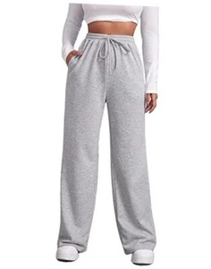Wide Leg Sweatpants for Women Elastic High Waisted Drawstring Small Light Grey - Picture 1 of 6
