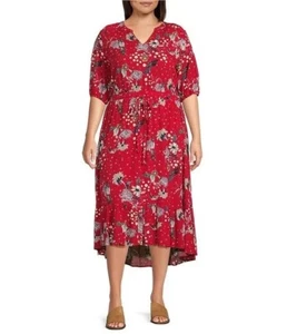 NWT NURTURE by WESTBOUND 3X Red Multi Crinkle Slit Neck High-Low Boho Midi Dress - Picture 1 of 8