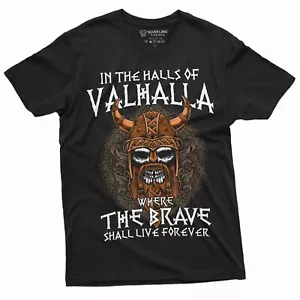 Men's Halls of Valhalla Viking T-shirt Skull Helmet Norse Mythology Nordic Tee - Picture 1 of 9