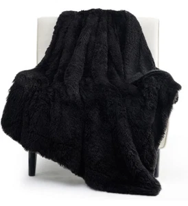 Faux Fur Throw Blanket Standard Size Black  - Picture 1 of 6
