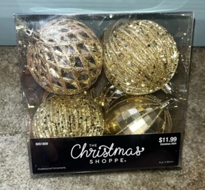 8 Pack “The Christmas Shoppe” 80mm Golden Glitter Ornament Bulbs 2024 - Picture 1 of 5