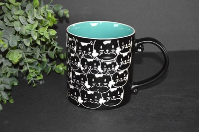 New Spectrum Designz 18oz Cat Repeat Black Faces Mug Cup Turquoise Interior - Image 1 of 4