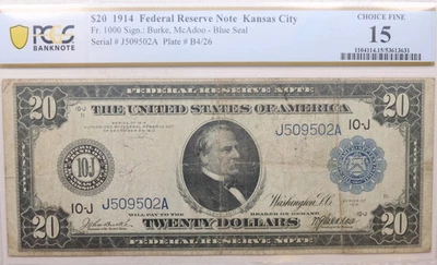 1914 $20, Federal Reserve Note, 'Kansas City', PMG Fine-15, Store SALE #FRB119. - Image 1 of 2