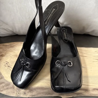Винтажные черные кожаные сандалии-слинги ENZO ANGIOLINI размер 10 М на каблуках с квадратным носком 90-е - Изображение 1 из 4