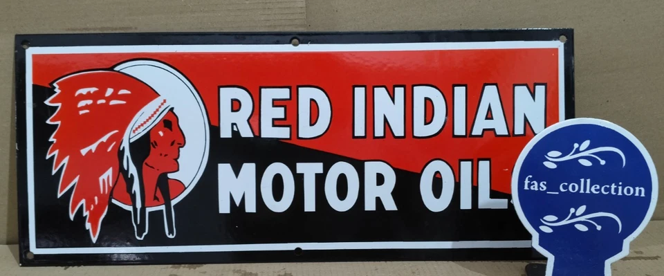 Red Indian Motor Oil Porcelain Enamel Sign  24 x 10 Inches 1 Sided - Image 1 of 4