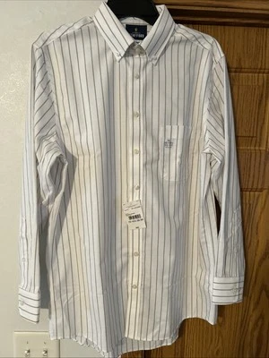 Camisa de vestir Stafford Coolmax a rayas blanca marrón para hombre mediana 15-15 1/2 32-33 Foto 1 de 4