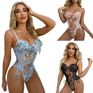 Women Sexy Lace Up Floral Embroidered Teddy Lingerie Bodysuit Top Mesh Sheer - Picture 1 of 19
