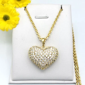 14K Gold Plated Crystal Puffed Icy LOVE HEART Pendant & Chain Necklace. - Picture 1 of 7