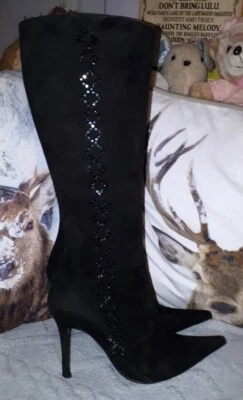 Botas de becerro de gamuza con joyas Studio Pollini negras de diseñador vintage UK 4 EU 37 Foto 1 de 4