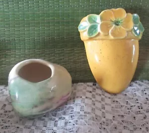 Colorful unmarked apple planter / Yellow spoon drip ,No chips, both good 40s - Picture 1 of 2