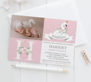 10 personalisierte Foto Dankeskarten Baby Geburtstag Taufe Vintage Schwan - Bild 1 von 3