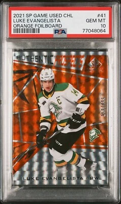 2021 SP GAME USED CHL ORANGE FOILBOARD /499 LUKE EVANGELISTA #41 PSA 10  POP 1 - Image 1 of 2
