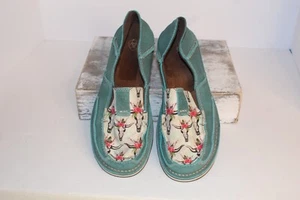 Ariat Women's Cruiser Shoes 8B Steer Skull Western Cowgirl Teal Tan Boho Loafer - Picture 1 of 11