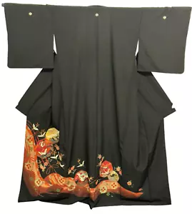 Kimono Tomesode japonés vintage poliéster grúa negra escudo familiar altura 64 pulgadas - Imagen 1 de 23
