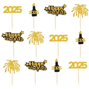 12pcs New Year's Eve Party 2025 Cupcake Topper Glitter Gold Baking Accessories - Picture 1 of 16