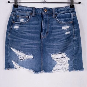American Eagle Highest Rise Mini Skirt Sz 2 Stretch Denim Distressed Festival - Picture 1 of 8