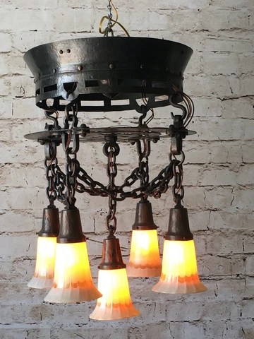 GORGEOUS Hammered Antique Arts and Crafts Chandelier with QUEZAL SHADES Cover