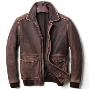 Men's A2 Bomber Flight Aviator Jacket Distressed Brown Genuine Leather Jacket - Picture 1 of 5