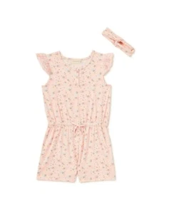 NWT Girls Size 12 PINK Floral Sleeveless Tie Waist Romper w/ headband Short Set - Picture 1 of 3