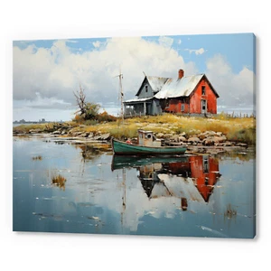 Vintage Countryside Red House By The Seaside Canvas Print Wall Hanging Art - Picture 1 of 9