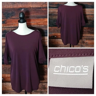 Chicos Top Size 2 US 12 Purple Plum Dolman Sleeve Zipper Shoulder Boat Neck  - Image 1 of 4