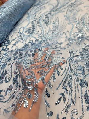 Sky Blue Glitter Lace Fabric by the Yard Glitter on Mesh For Prom Bridal Gown  - Image 1 of 4