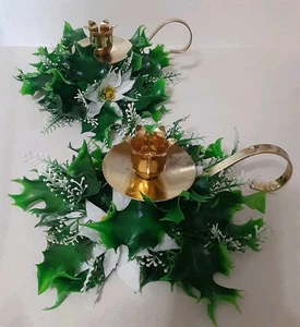 Vintage 60’s Plastic White Poinsettia Gold Candle Rings Christmas Pillar Candle - Picture 1 of 7