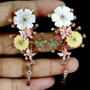 925 Sterling Silver Earrings Pear Ruby Emerald Mother Of Pearl Gemstone Jewelry - Picture 1 of 14