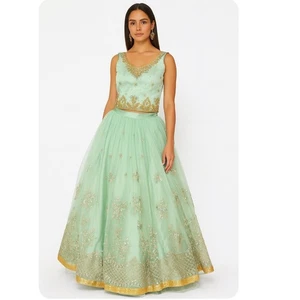 Vestido indio bordado 3 piezas lehenga verde/dorado lentejuelas tradicional indio pequeño - Imagen 1 de 17