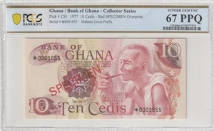 Ghana 1977 10 Cedis Specimen Certified PCGS Banknote UNC 67 PPQ Pick CS1 - Picture 1 of 2