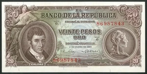 Colombia, El Banco de la Republica, 20 pesos, 2 Jan 1965, Pick 401c, UNC - Picture 1 of 2