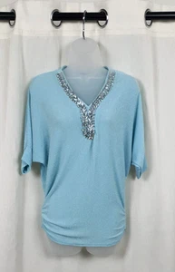 Quiz Aqua Embellished 3/4 Ruched Side Top Size 12 Uk Rrp £24.99 CR057 HH 12 - Picture 1 of 6