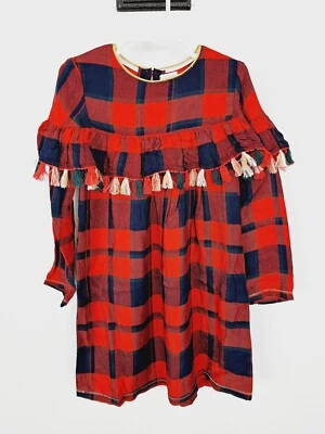 Mud Pie 连衣裙 5T 红色格子长袖流苏女孩 — 第 1/4 张图片