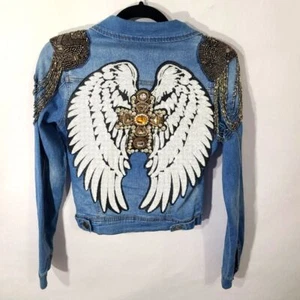 Denimland Teens Size Small S Denim Jean Jacket Has White Angel Wings and Bling - Picture 1 of 8